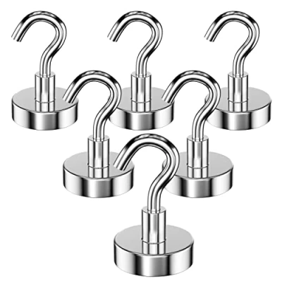 Afbeelding van Newaner 6 stuks 25 mm magneethaken houden 22 kg, extra sterke magneethaken, afneembaar, neodymium magneten, magnetische haken, rond, voor keuken, grill, lockers, koelkasten, roestvrij, medium
