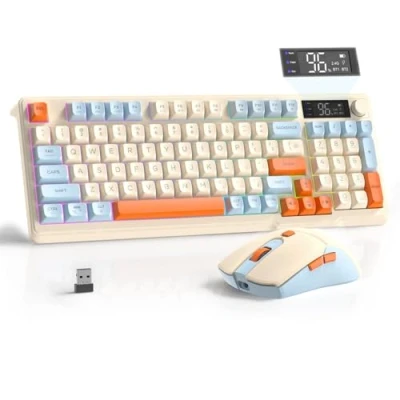 Afbeelding van FREEWOLF T96 Draadloos Toetsenbord en Muis, Bluetooth &amp; 2.4G, PBT toetsen, Mediaknop, Display, Stil, Anti Ghosting, Oplaadbaar, voor Mac/Windows/Linux Bosbes