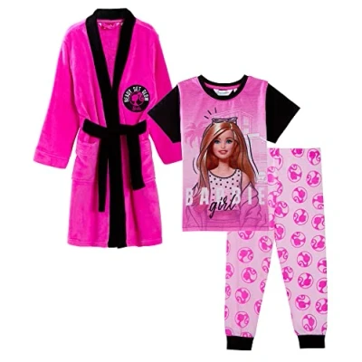 Afbeelding van Barbie badjas voor meisjes + pyjama set bijpassende 3 delige kinderen roze pyjama, roze, 7 8 jaar