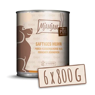 Afbeelding van MjAMjAM Premium natvoer voor honden sappige pure kip, pak van 6 (6 x 800 g), graanvrij met extra vlees