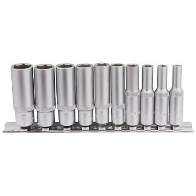 Afbeelding van Draper 10 delige 1/4&quot; diepe doppenset 6 punts zeskantige socket vierkant aandrijfgereedschap chroom vanadium stalen moersleutel accessoire metalen rail 16399