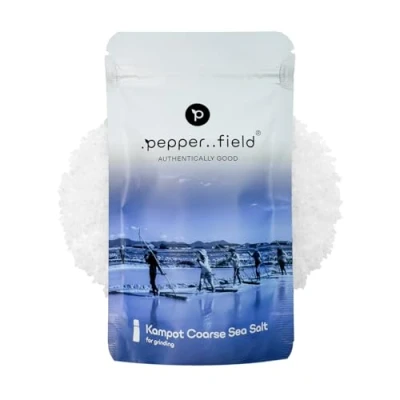 Afbeelding van Pepperfield Kampot Zeezout, grofkorrelige zoutkralen, 100% natuurzuiver, met de hand geoogst, ideaal voor molen, duurzaam, gastronomische kwaliteit koken, marinades en decoratie, 120 g