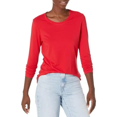 Afbeelding van Amazon Essentials Women&#039;s T shirt met lange mouwen en ronde hals in klassieke pasvorm (verkrijgbaar grote maten), Kersenrood, XXL