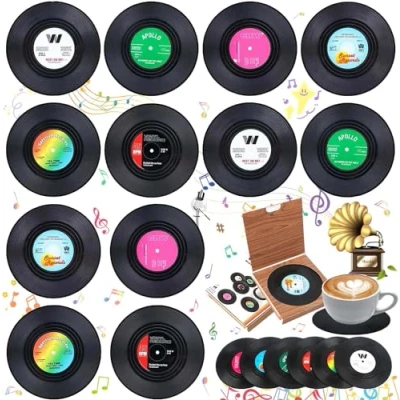Afbeelding van 12 Stuks Koffie Thee Mok Wijn Onderzetters, Record Coasters, Onderzetters Retro Vinyl Matten, Gepersonaliseerde Dranken Antislip Drankjes Glas, Kleurrijke