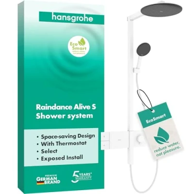 Afbeelding van hansgrohe Raindance Alive S waterbesparend Douchesysteem (EcoSmart) met thermostaat, regendouche (300 mm) douchekraan, handdouche (3 jets), doucheslang, glijstang en douchekop, mat wit, 24583700