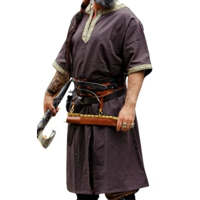 Afbeelding van Leonardo Carbone® Richard Tuniek met korte mouwen, middeleeuwse kleding voor heren, middeleeuws hemd, vrijetijdshemden, carnavalskostuum Viking tuniek, LARP 100% katoen,