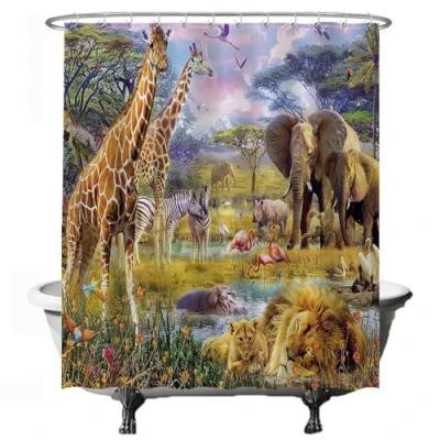 Afbeelding van Ulticool Douchegordijn Safari Dieren Natuur Giraffe Olifant 180 x 200 cm met 12 ringen Groen Bruin