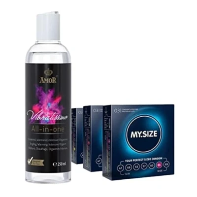 Afbeelding van Vibratissimo Play Gel all in one 250 ml &amp; MY.SIZE condooms 3 pack I glijmiddel verwarmend, tintelend climax versterkend Waterbasis 57, 60, 64 mm breedte