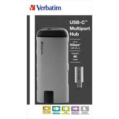 Afbeelding van Verbatim Hub, USB 3.1 C, multipoort 3x 3.0, HDMI 4K, RJ45 Gigabit, SD/micSD, oplader, C kabel, 15 cm, detailhandel