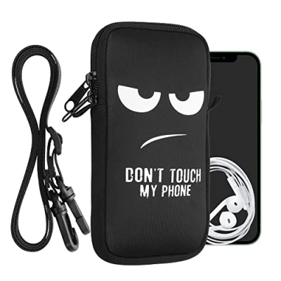 Afbeelding van kwmobile Tasje voor smartphones XXL 7&quot; Hoesje van neopreen in wit/zwart Phone case met nekkoord Don&#039;t Touch My
