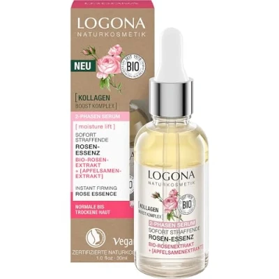 Afbeelding van LOGONA Naturkosmetik 2 fasen serum onmiddellijk verstevigende rozenessence, gladmakende gezichtsverzorging voor meer vocht met biologisch rozenextract en collageen, veganistische dagverzorging