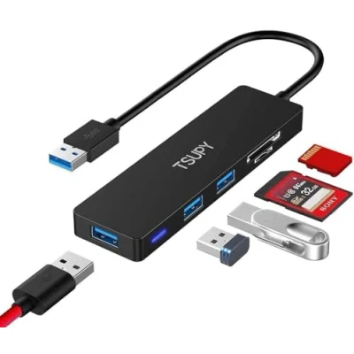 Afbeelding van TSUPY 5 in 1 USB Hub 3.0x3 + Micro SD Card Reader 5Gbps Splitter Zwart 3.0 voor stick, toetsenbord, muis, SD/TF etc