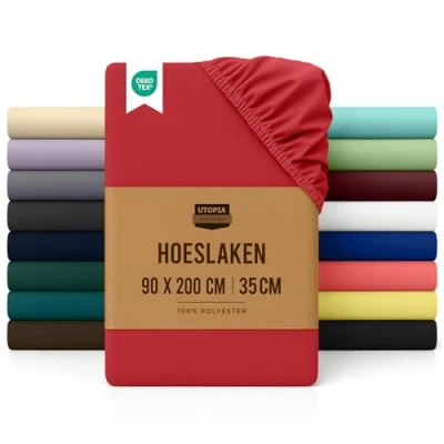 Afbeelding van Utopia Bedding Hoeslaken met hoeken voor éénpersoonsbed, geborstelde polyester microvezel, elastische hoeken, 90 x 200 cm, rood
