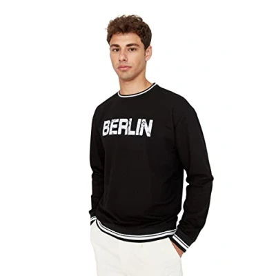 Afbeelding van Trendyol Heren Crew Neck met Slogan Relaxed Sweater, Zwart, L, L