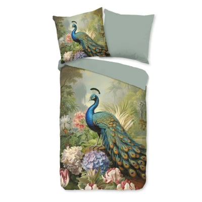 Afbeelding van Dekbedovertrek 135x200 cm Pauw en Bloemen Print Multi 1 Persoons 100% Katoen Oeko Tex Gecertificeerd