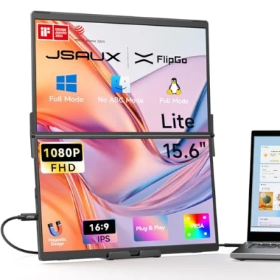 Afbeelding van JSAUX FlipGo Lite Laptop Screen Extender 15,6&quot; 1080p FHD Dual IPS draagbare monitor, geïntegreerde HUB, één kabel naar dubbele lichter en dunner voor reizen compatibel met pc, Windows Mac