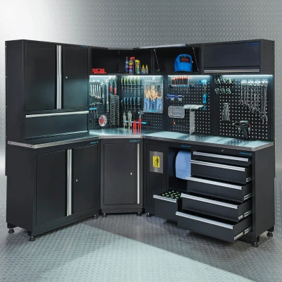 Afbeelding van Datona Werkplaatsinrichting PREMIUM Met RVS Werkblad 410 cm Breed (227 x 200 voor de linkerhelft, 183 rechterhelft) Zwart