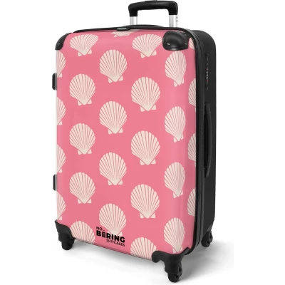 Afbeelding van NoBoringSuitcases.com® Koffer groot Rolkoffer lichtgewicht Roze met beige schelpen Reiskoffer 4 wielen Grote trolley XL 20 kg bagage