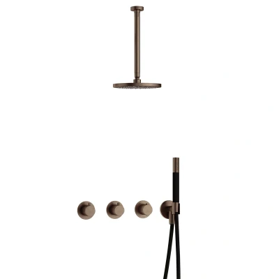 Afbeelding van Hotbath Cobber Regendoucheset IBS70 Verouderd Messing Staaf handdouche 20cm Hoofddouche 30cm Plafondbuis Handouche met wandhouder