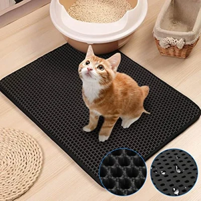 Afbeelding van Lospitch kattenbakmat, 78 x 60 cm, zwart, grote kattenbakonderlegger, honingraatdesign, waterdicht, dubbellaags ontwerp, honingraat, eenvoudig te reinigen