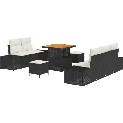 Afbeelding van vidaXL 8 delige tuinsofa set met kussens zwart poly rattan acacia, 2 zits opslag &amp; rattan, 3 tuin dinerset acacia