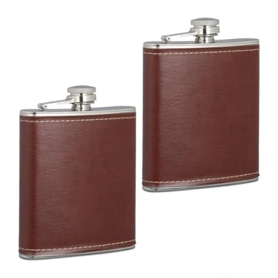 Afbeelding van Relaxdays heupfles 200 ml set van 2 rvs kunstleer platvink zakflacon cadeau