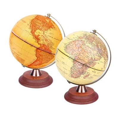Afbeelding van Exerz antieke Wereldbol 20cm bol houten standaard metalen boog 2 in 1 oplichten LED lamp dag en nacht kinderen woondecoratie kantoor desktop globe