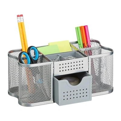 Afbeelding van Relaxdays pennenbak, bureau organizer met pennenhouders en lade, metaal, HxBxD: 10 x 23,5 11,5 cm, zilver