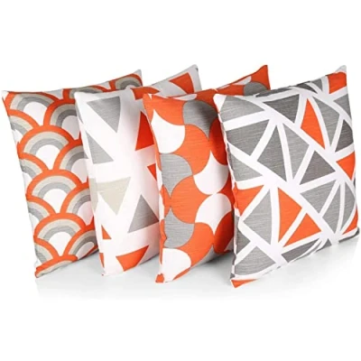 Afbeelding van Penguin Home 3433 100% Katoen Decoratieve Dubbelzijdige Vierkante Kussenhoezen Met Onzichtbare Rits 4 Delige Set, 45 cm Lengte x Breedte, Oranje/Grijs Mix