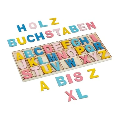 Afbeelding van Relaxdays gekleurde houten letters, 104 delige set, 5 cm, alfabet, A Z, decoratie, blokletters, met doos, meerkleurig