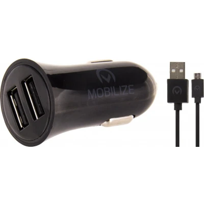 Afbeelding van Mobilize Car Charger 2x USB 24W + to Micro Cable 1m. Black