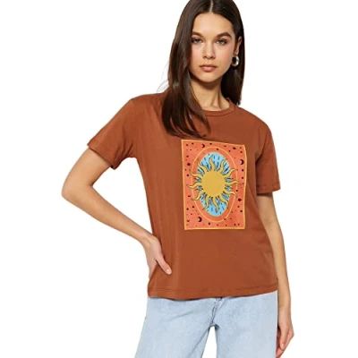Afbeelding van Trendyol Vrouwen Regular Standard Crew Neck Knit T Shirt, BRON, S