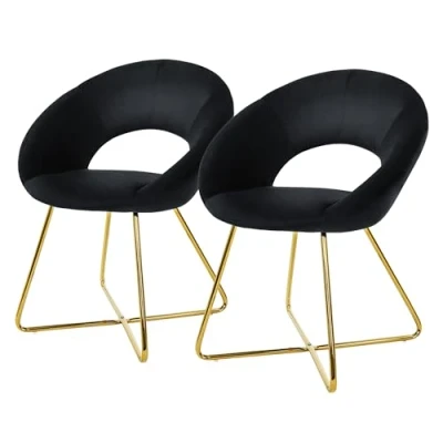 Afbeelding van ML Design eetkamerstoelen set van 2 fluweel, zwart woonkamerstoel met ronde rugleuning gestoffeerde stoel