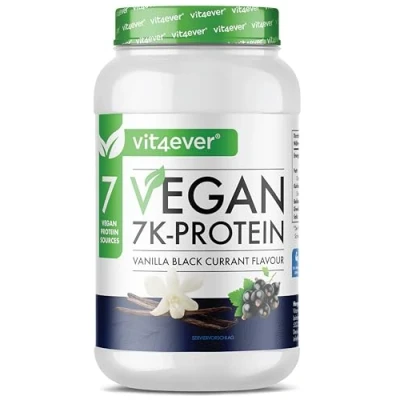 Afbeelding van Vegan 7K Protein 1kg Vanille Zwarte Bes Puur plantaardig eiwitpoeder met rijst , amandel soja erwten hennep cranberry en zonnebloemeiwit