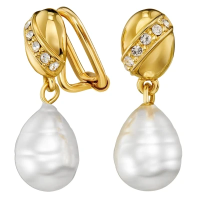 Afbeelding van Traveller Clip Oorbellen Oorclips Dames Hanger Goudkleurig Barok Parel Wit Kristal Verguld 22 kt 114254