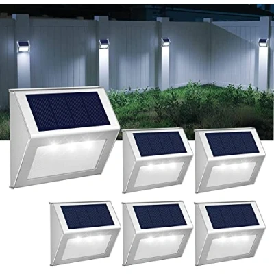 Afbeelding van 【Koel wit】 Zonnehekverlichting, roestvrijstalen decoratieve LED tuinverlichting, waterdichte trapverlichting, draadloze buitenverlichting voor trap, muur, terras, tuin, pad, hek, 6 stuks