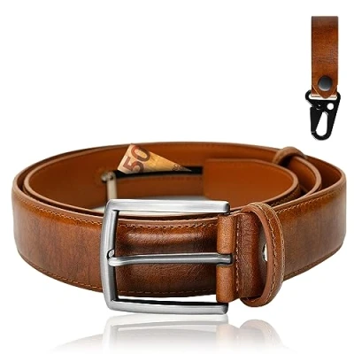 Afbeelding van BLAINDERS Reisgordel van leer met portemonnee aan de binnenkant voor dames en heren, geschikt alle taille, inclusief leren karabijnhaak als cadeau., Bruin, L
