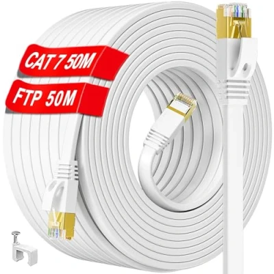Afbeelding van Ethernet Kabel 50m Cat 7, Buiten Binnen Netwerkkabel Hoge Snelheid, Wit Plat RJ45 Internetkabel 600MHz 1Gbps, Lang S/FTP Gigabit LAN CAT7 Patchkabel voor Router Switch Modem (50 Clips)