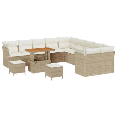 Afbeelding van vidaXL 13 Delige Tuin Sofaset met Kussens Beige Poly Rattan Acacia, 3 Eetset Acacia