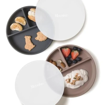 Afbeelding van Moonkie 2pc Siliconen Babybord, Babybord met Zuigvoet, BPA Vrij Antislip Kinderborden, Split Bordenset Deksel, Magnetron en Vaatwasmachinebestendig(Warm Bruin/Donkergrijs)