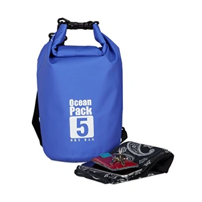 Afbeelding van Relaxdays Ocean Pack 5 liter waterdichte tas droogtas outdoor plunjezak zeilen blauw