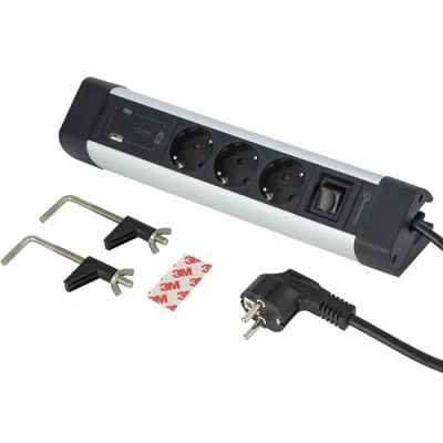 Afbeelding van Electraline 62581 stekkerdoos aluminium voor het bureau, 3 voudig + USB (2 A 3.0A QC 1 C PD20W) kabel 2 m, overspanningsbeveiliging, meervoudige stekkerdoos,