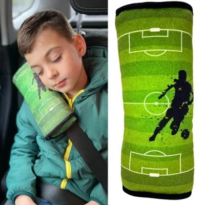 Afbeelding van HECKBO auto slaapkussen voor kinderen machine wasbaar zacht autogordelkussen, gordelbeschermer, gordelkussen, autokussen, reiskussen, vakantie 30x12cm (Voetbal)