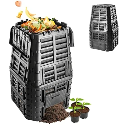 Afbeelding van KADAX Compostbak, zwarte compostinstallatie, snelcompostbak van kunststof, weerbestendige thermocompostbak met inklapbaar deksel (1000 liter)