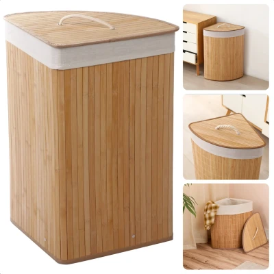 Afbeelding van Cheqo® Bamboe Wasmand Hoekmodel Wassorteerder met Waszak 72L Opvouwbaar Naturel Deksel