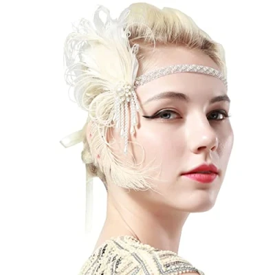 Afbeelding van ArtiDeco 1920s Flapper Feather Hoofdband Pauw 1920 Kralen Hoofddeksel met Parels Great Gatsby Kostuum Accessoires Roaring 20&#039;s