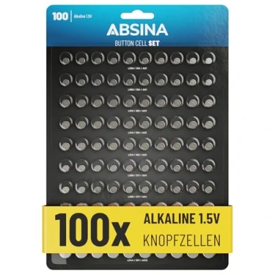 Afbeelding van ABSINA set van 100 alkaline knoopcellen 20 x AG1 / 30 AG3 AG4 AG10 10 AG13 1,5 V batterijassortiment lekvrij knoopcelset gemengd, batterijen gemengd