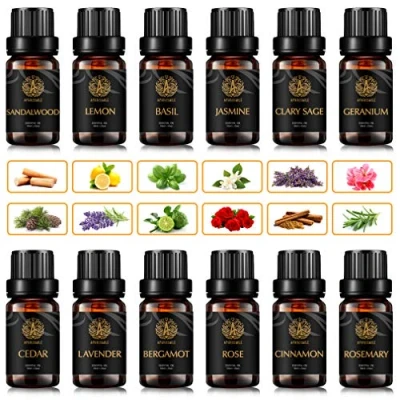 Afbeelding van Aromatherapie Geranium Essentiële Olie Set voor Diffuser, Jasmijn Oliën Kit Bergamot, Ceder, Citroen, Rozemarijn, Sandelhout, Basilicum Olie, 12x10ml Therapeutische Grade