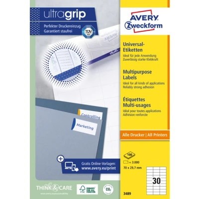 Afbeelding van Etiket Avery Zweckform 3489 70x29.7mm wit 3000stuks