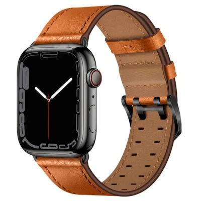 Afbeelding van Apple Watch Leren band met twin gesp Lichtbruin zwarte Geschikt voor 38mm / 40mm 41mm 42mm